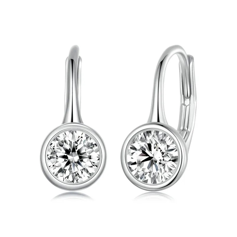 Round Bezel Moissanite Leverback Earrings in Silver