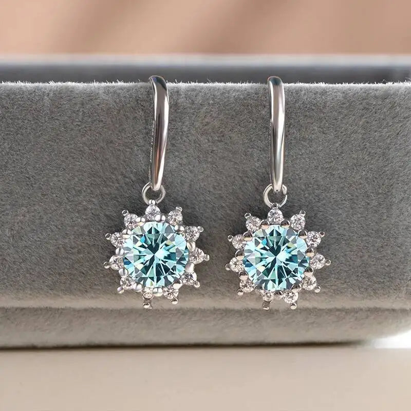 Colorful Sunburst Moissanite Drop Earrings in Sterling Silver