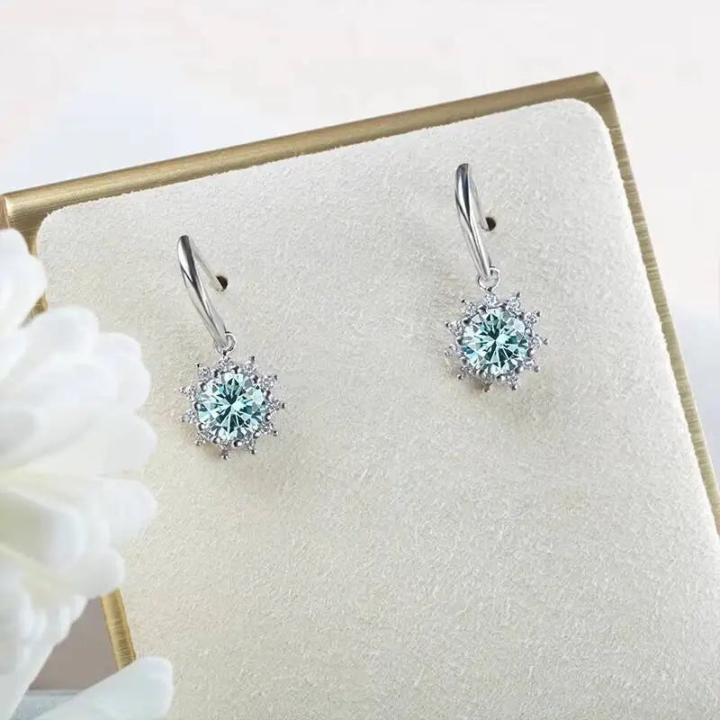 Colorful Sunburst Moissanite Drop Earrings in Sterling Silver