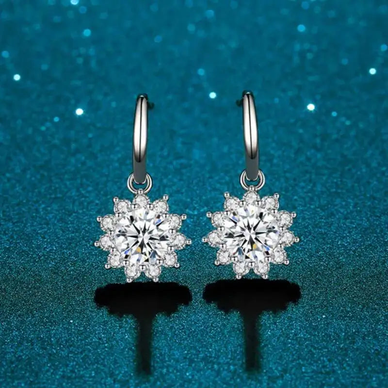 Colorful Sunburst Moissanite Drop Earrings in Sterling Silver