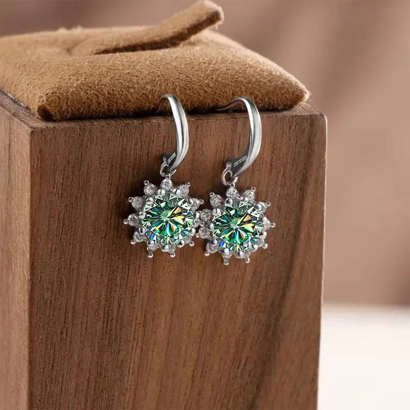 Colorful Sunburst Moissanite Drop Earrings in Sterling Silver