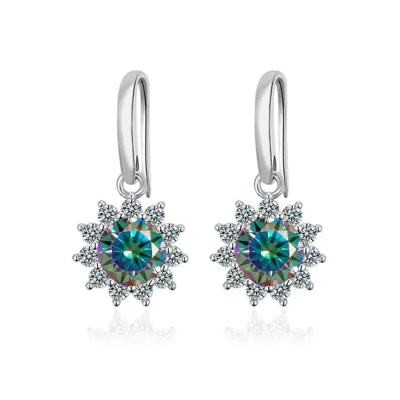 Colorful Sunburst Moissanite Drop Earrings in Sterling Silver