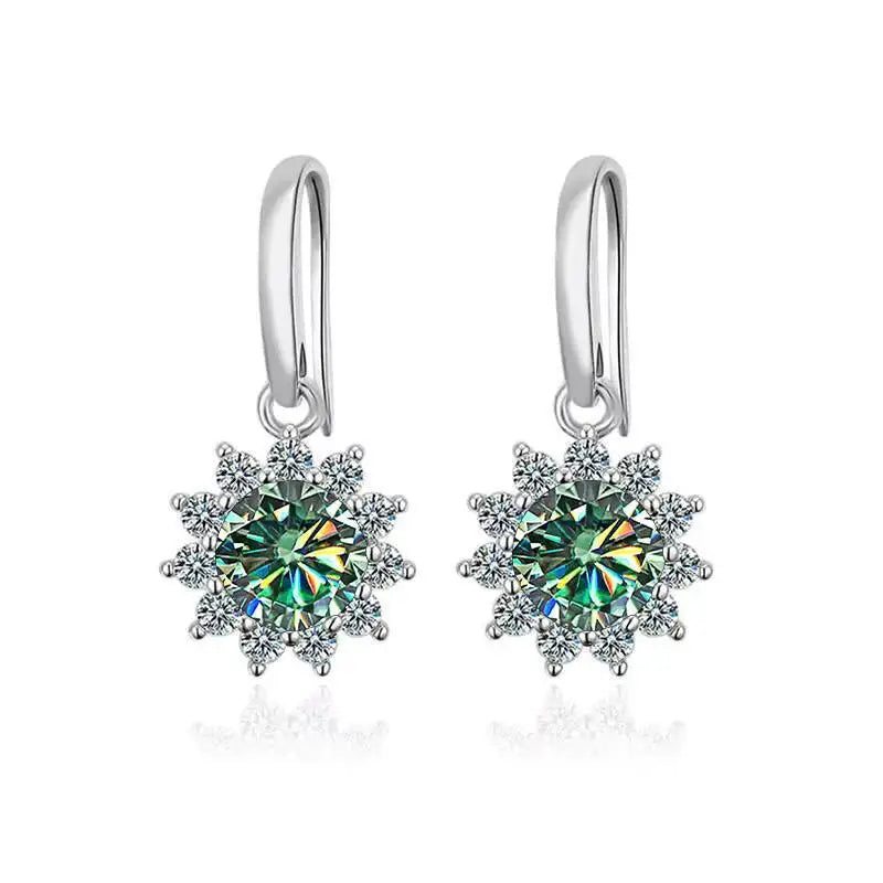 Colorful Sunburst Moissanite Drop Earrings in Sterling Silver