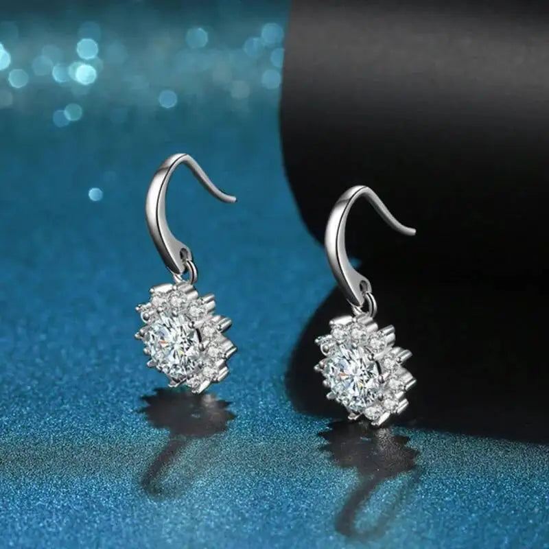 Colorful Sunburst Moissanite Drop Earrings in Sterling Silver