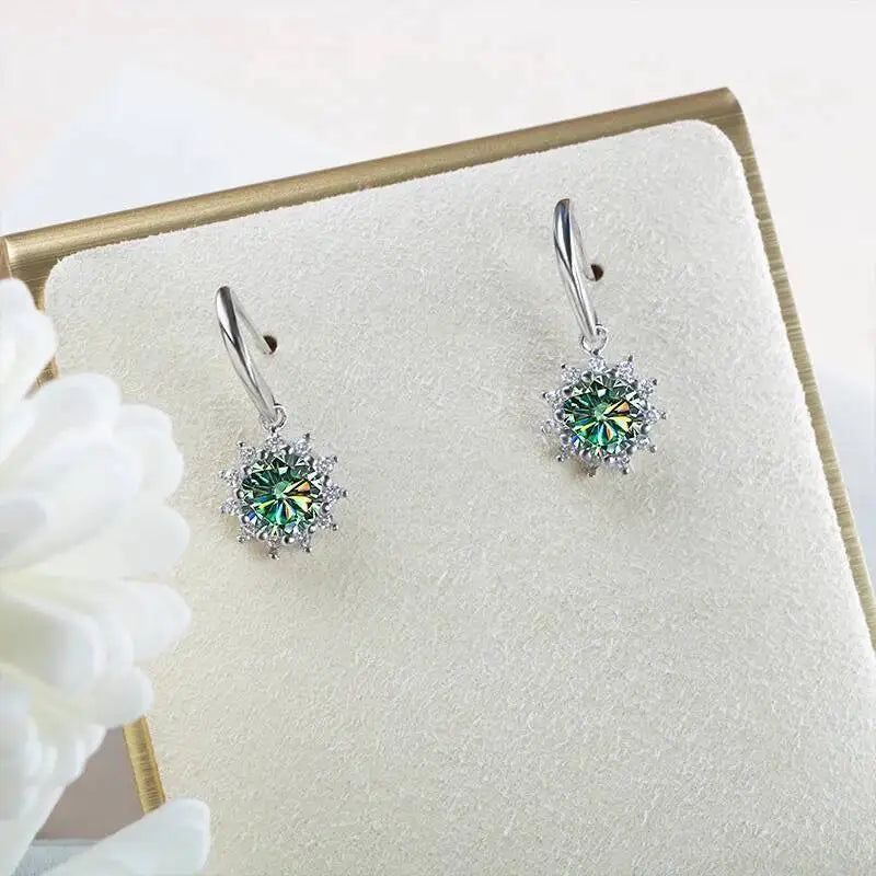 Colorful Sunburst Moissanite Drop Earrings in Sterling Silver