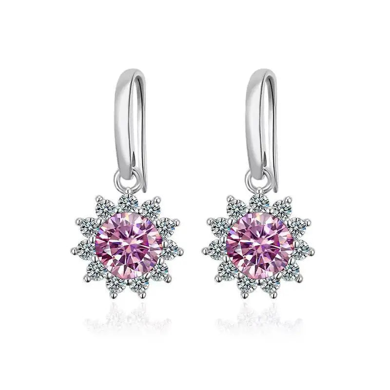 Colorful Sunburst Moissanite Drop Earrings in Sterling Silver