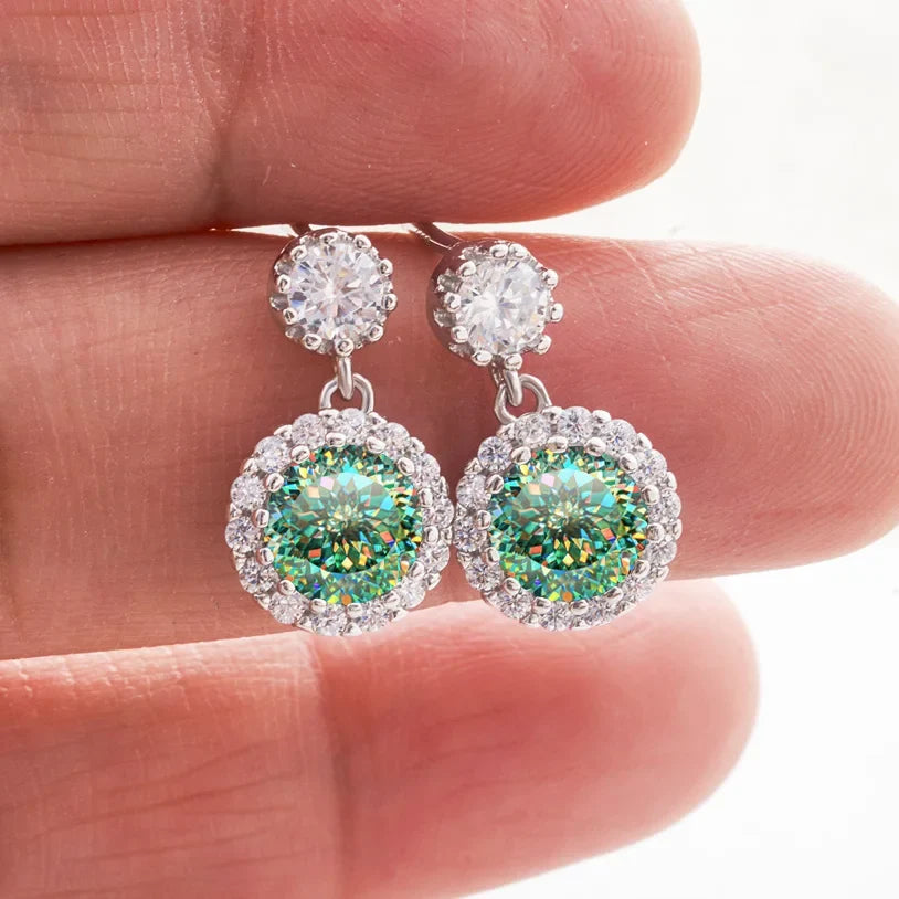 Colored Round Halo Moissanite Drop Earrings in Silver