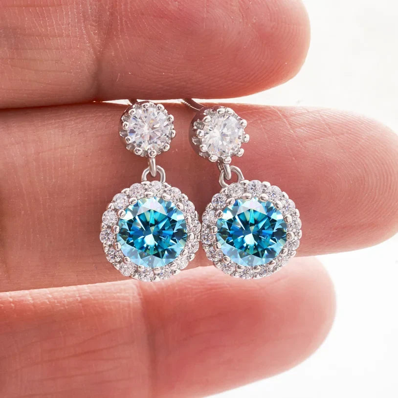 Colored Round Halo Moissanite Drop Earrings in Silver