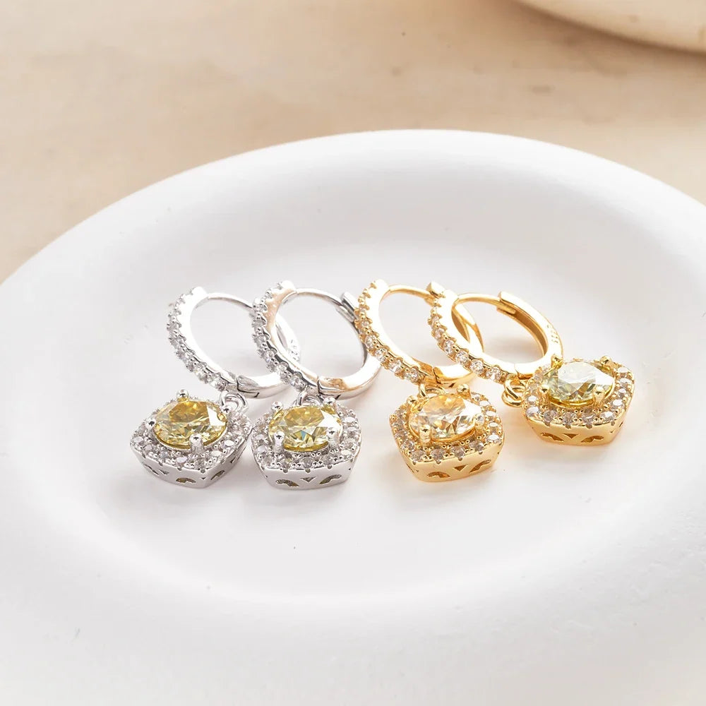 Colored Moissanite Cushion Halo Drop Hoop Earrings