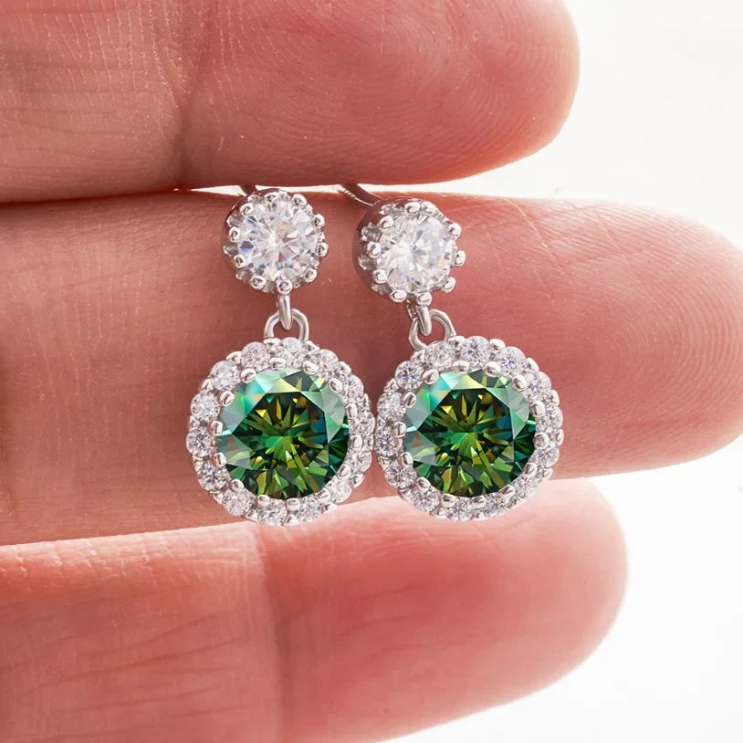 Colored Round Halo Moissanite Drop Earrings in Silver