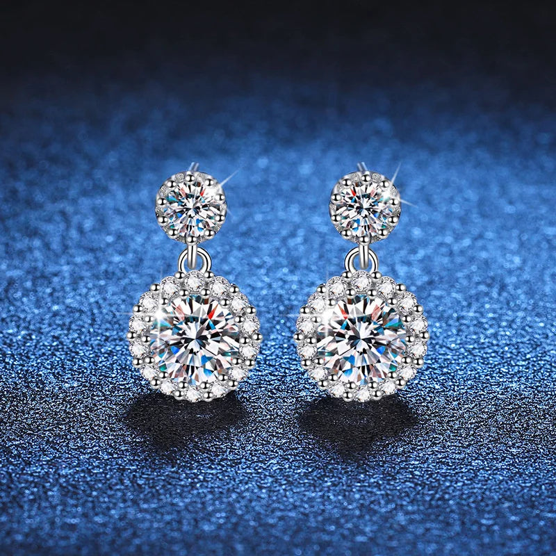Colored Round Halo Moissanite Drop Earrings in Silver
