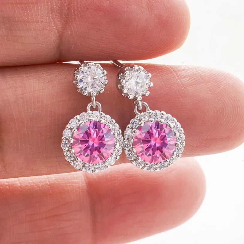 Colored Round Halo Moissanite Drop Earrings in Silver