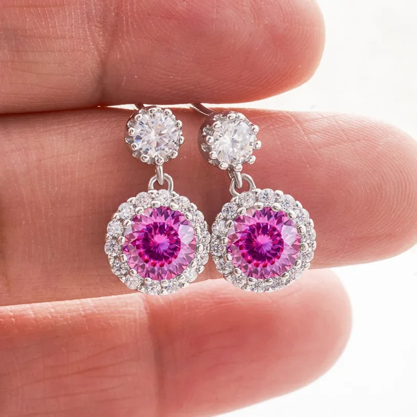 Colored Round Halo Moissanite Drop Earrings in Silver