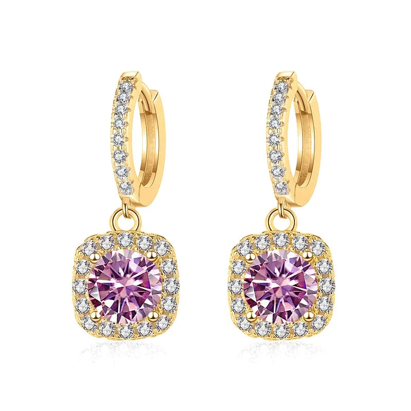 Colored Moissanite Cushion Halo Drop Hoop Earrings