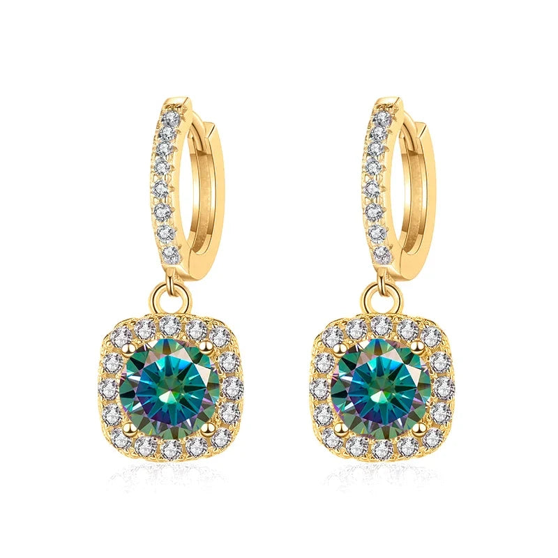 Colored Moissanite Cushion Halo Drop Hoop Earrings