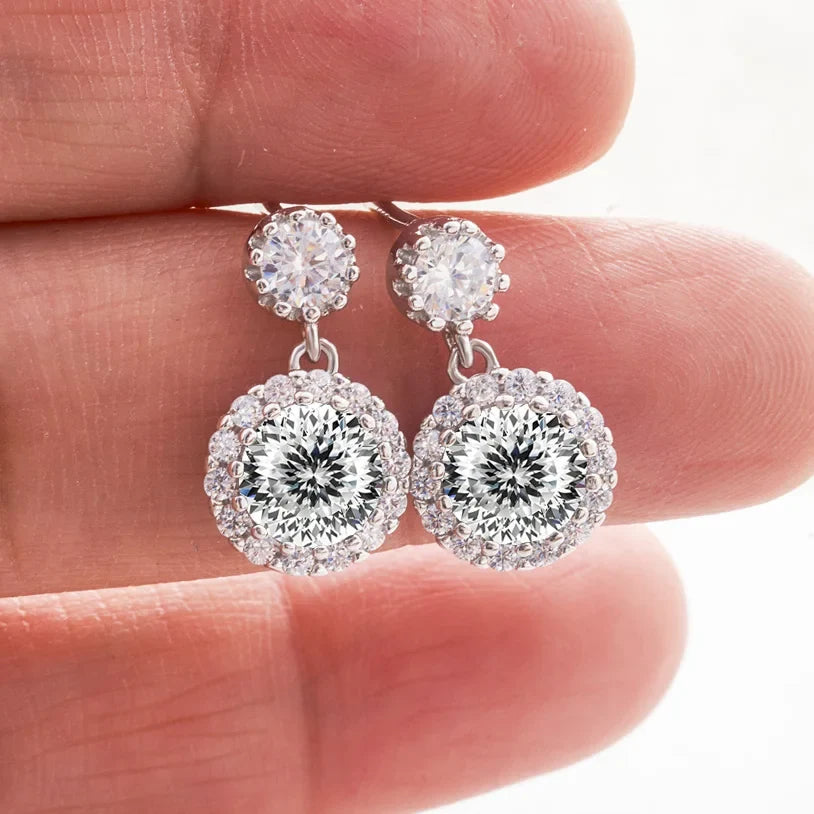 Colored Round Halo Moissanite Drop Earrings in Silver