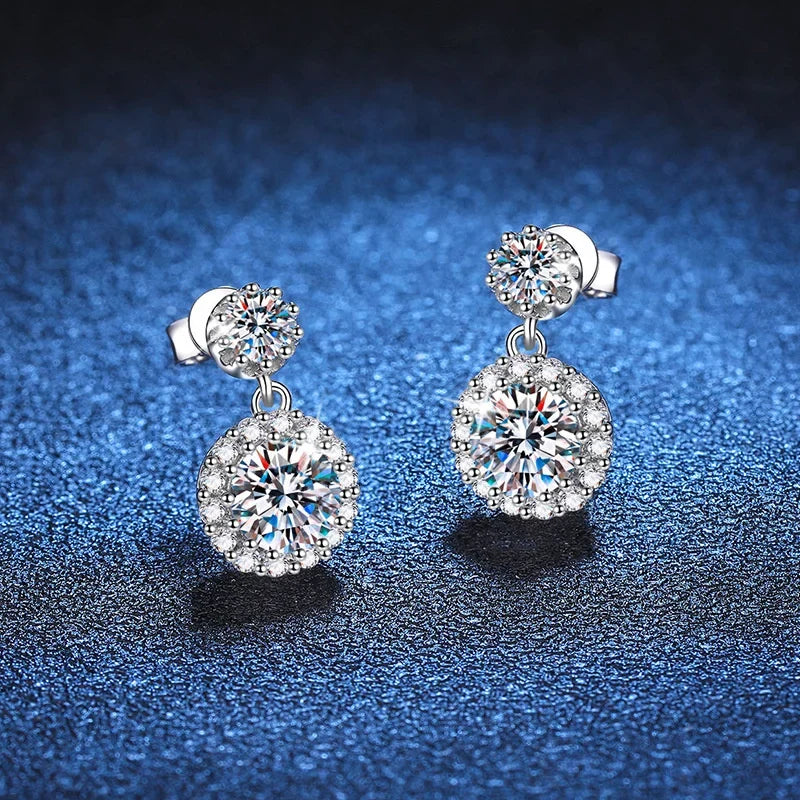 Colored Round Halo Moissanite Drop Earrings in Silver
