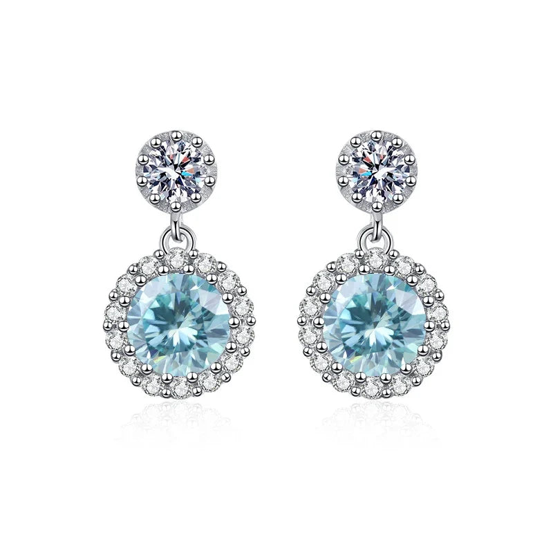 Colored Round Halo Moissanite Drop Earrings in Silver