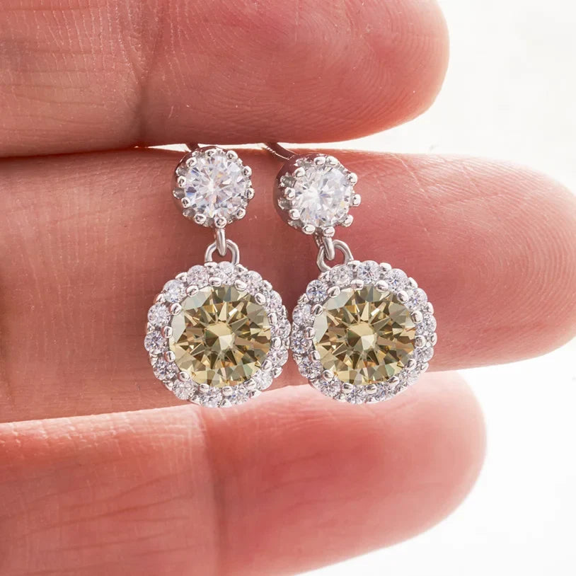Colored Round Halo Moissanite Drop Earrings in Silver