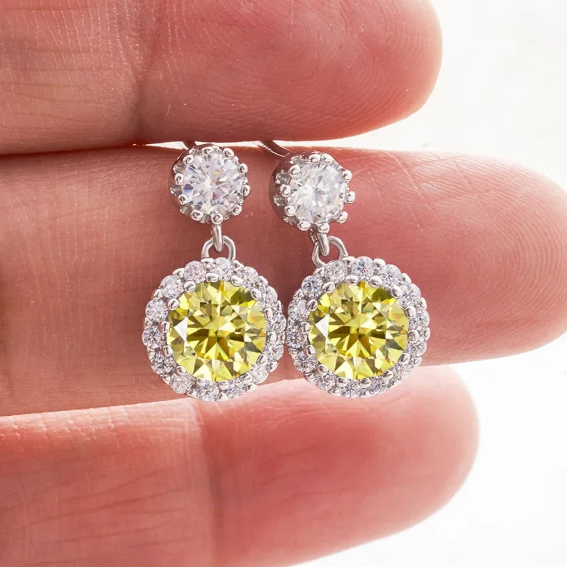 Colored Round Halo Moissanite Drop Earrings in Silver