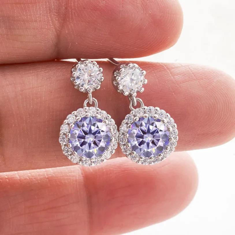 Colored Round Halo Moissanite Drop Earrings in Silver