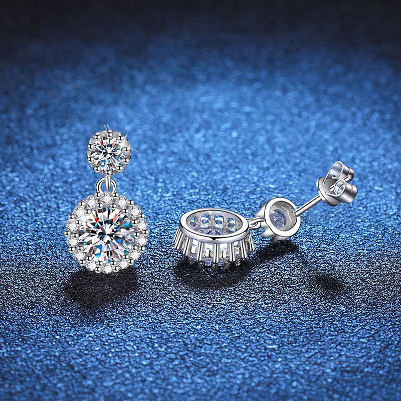 Colored Round Halo Moissanite Drop Earrings in Silver