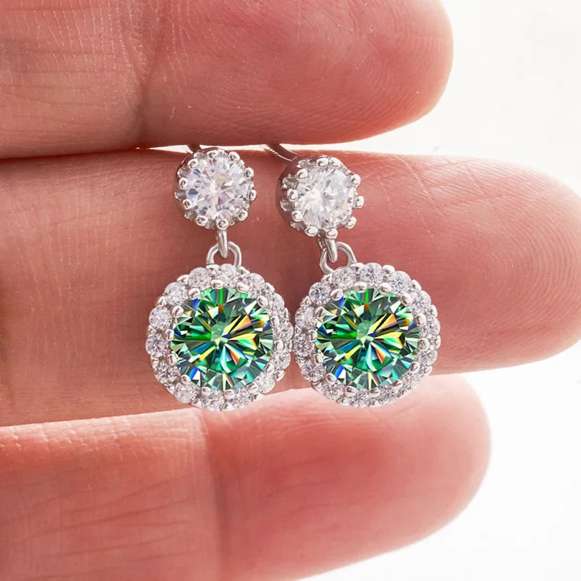 Colored Round Halo Moissanite Drop Earrings in Silver