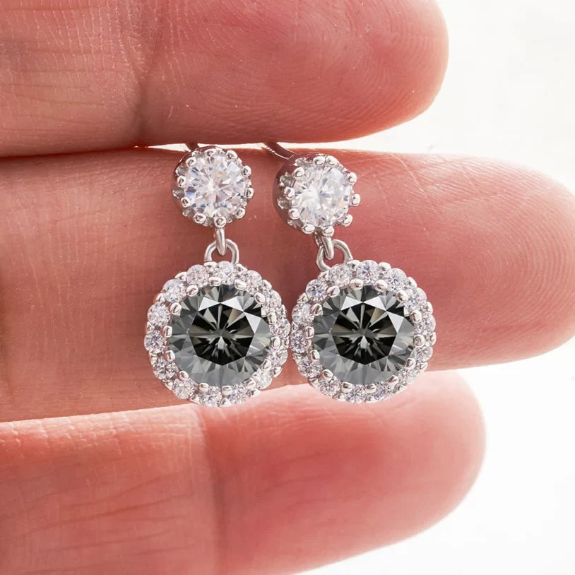 Colored Round Halo Moissanite Drop Earrings in Silver