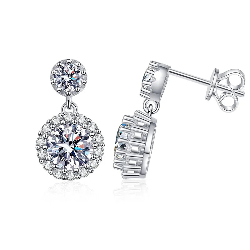 Colored Round Halo Moissanite Drop Earrings in Silver