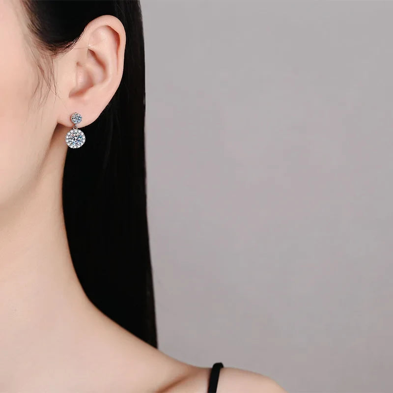 Colored Round Halo Moissanite Drop Earrings in Silver