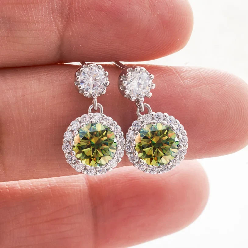 Colored Round Halo Moissanite Drop Earrings in Silver