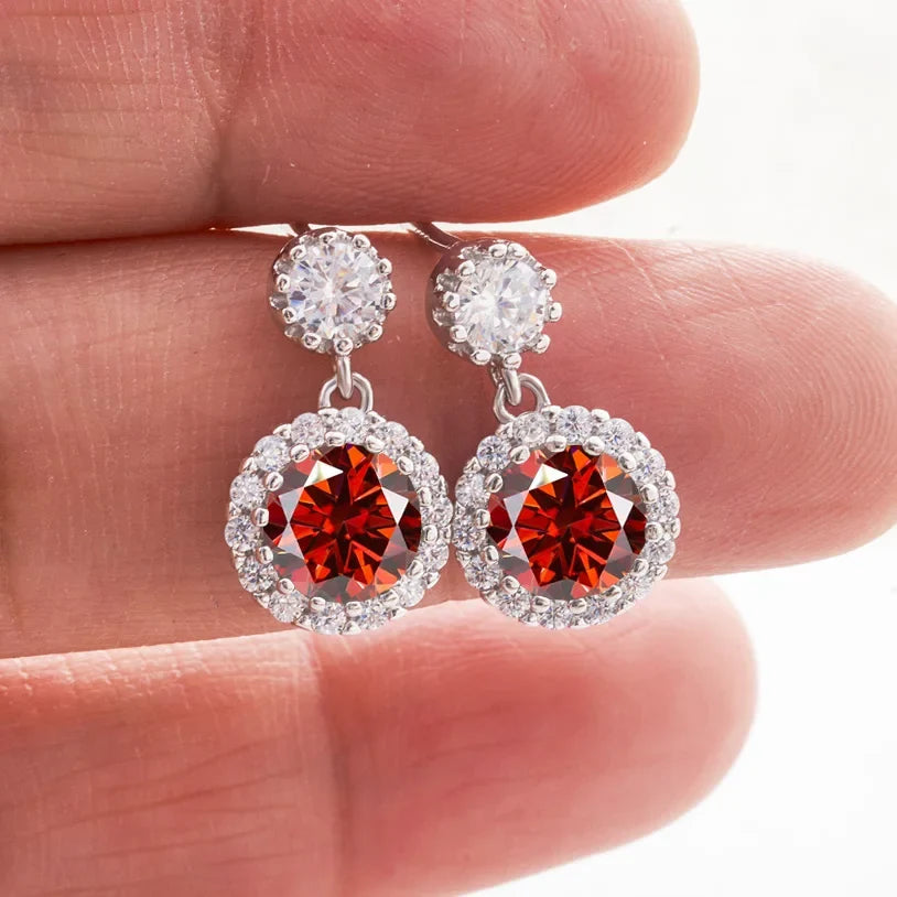 Colored Round Halo Moissanite Drop Earrings in Silver
