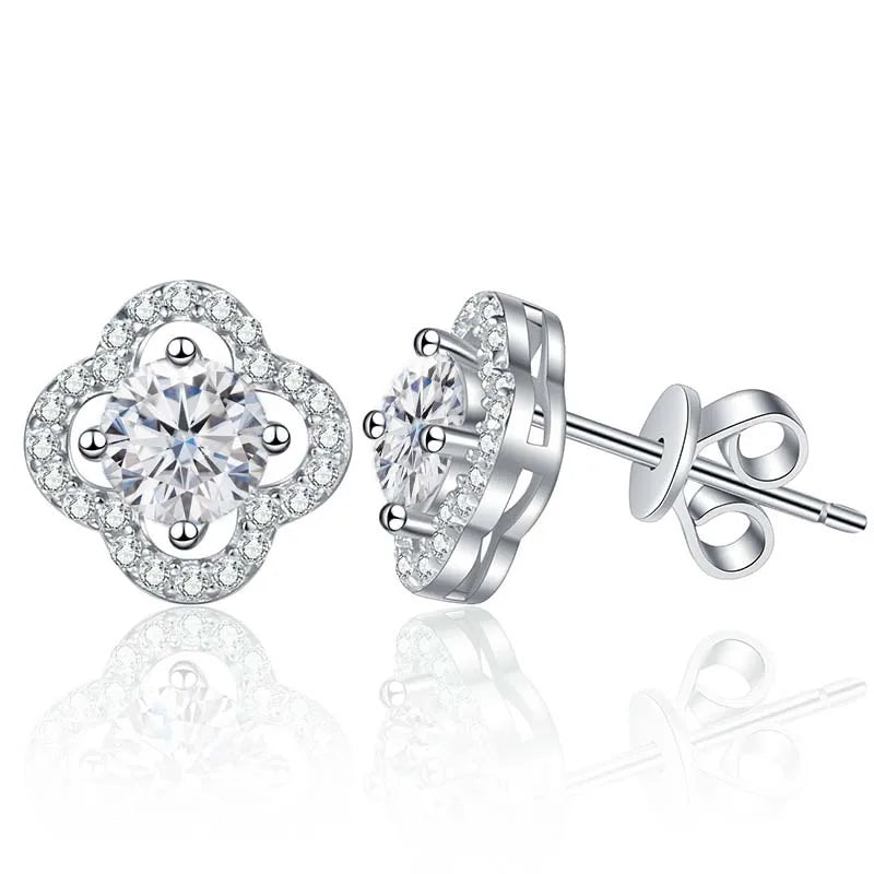 Colored Clover Halo Moissanite Stud Earrings in Sterling Silver