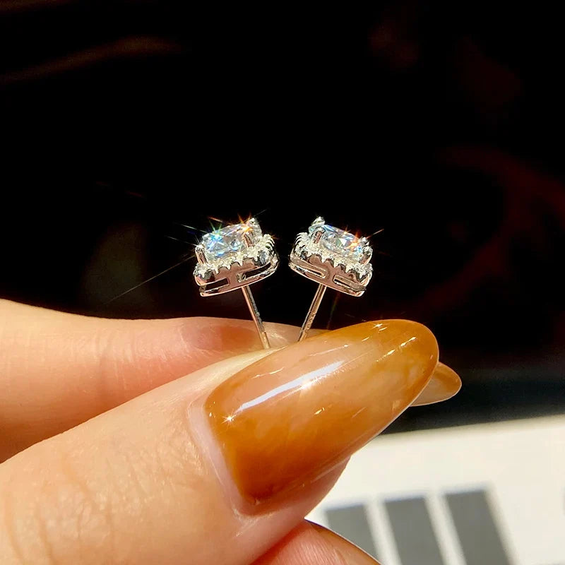 Round Moissanite Square Halo Stud Earrings in Silver
