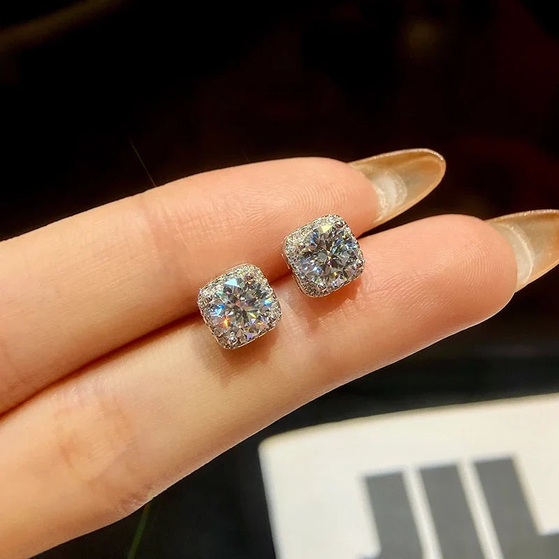 Round Moissanite Square Halo Stud Earrings in Silver