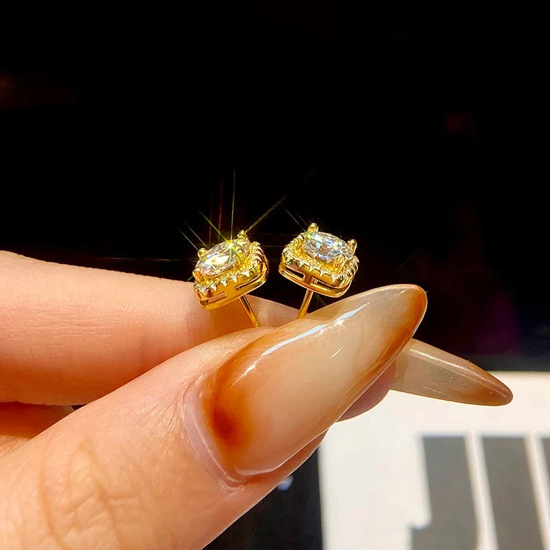 Round Moissanite Square Halo Stud Earrings in Silver