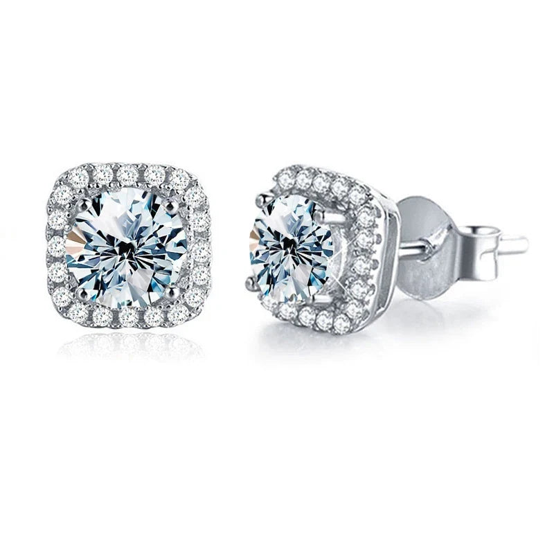 Round Moissanite Square Halo Stud Earrings in Silver
