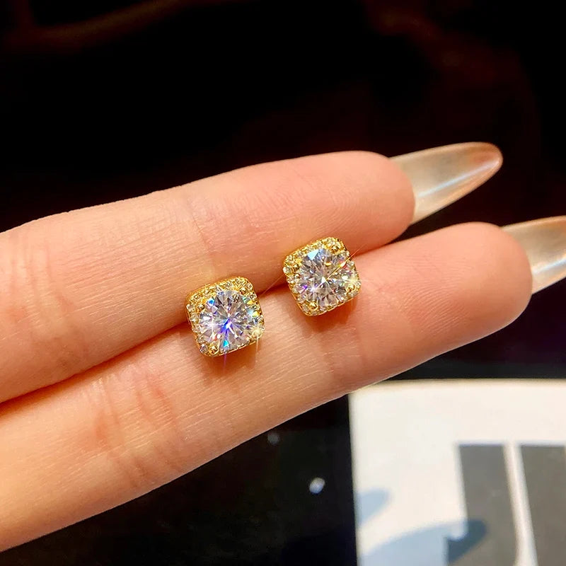 Round Moissanite Square Halo Stud Earrings in Silver