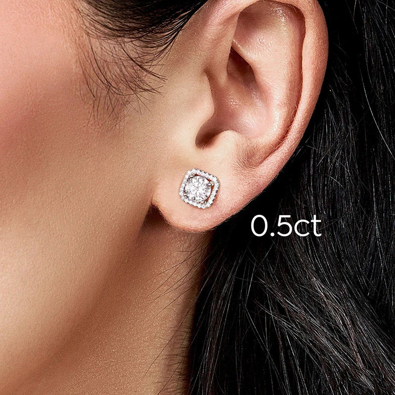 Round Moissanite Square Halo Stud Earrings in Silver