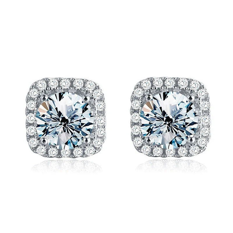 Round Moissanite Square Halo Stud Earrings in Silver