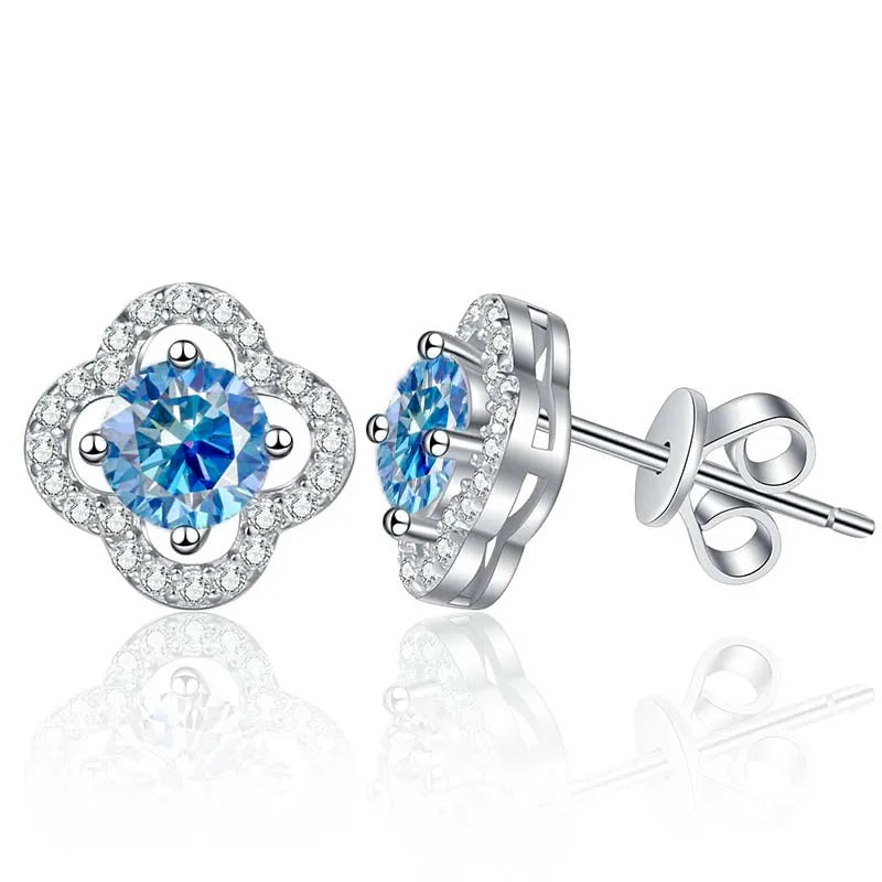Colored Clover Halo Moissanite Stud Earrings in Sterling Silver