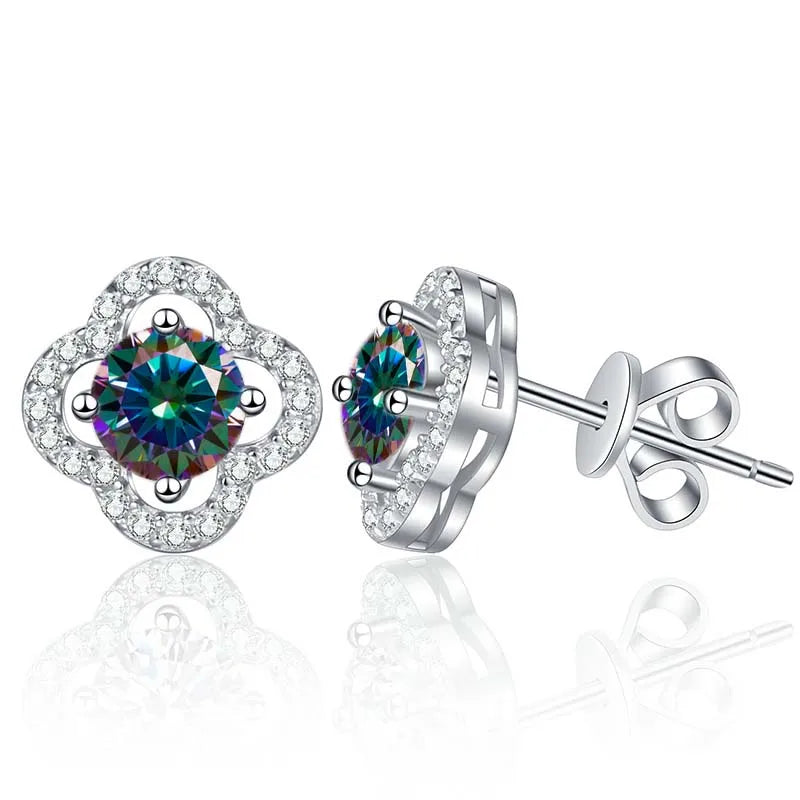Colored Clover Halo Moissanite Stud Earrings in Sterling Silver