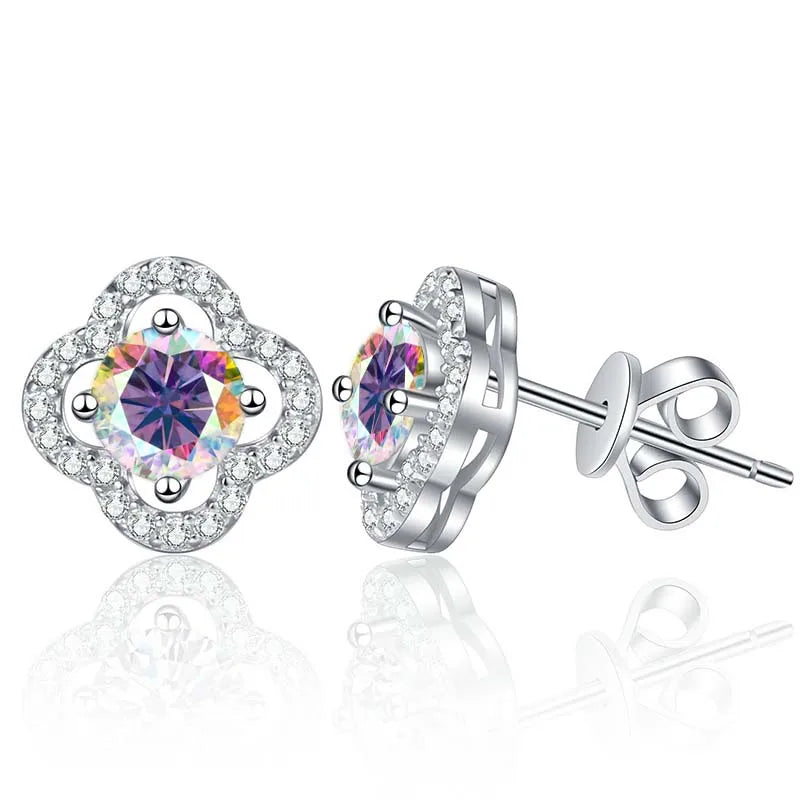 Colored Clover Halo Moissanite Stud Earrings in Sterling Silver