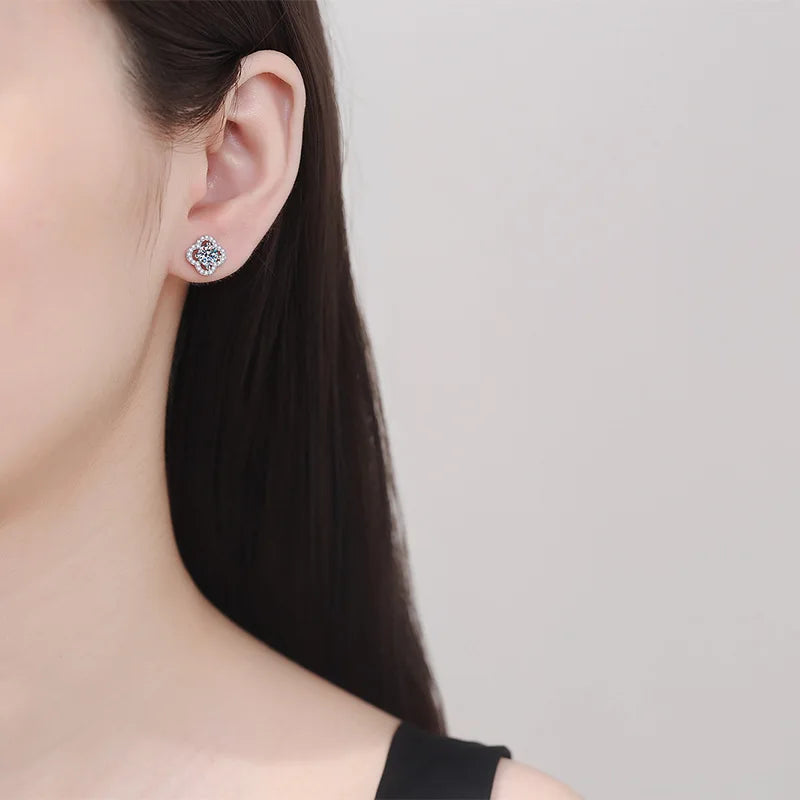 Colored Clover Halo Moissanite Stud Earrings in Sterling Silver