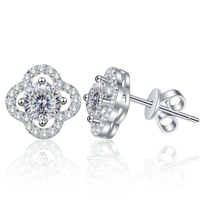 Colored Clover Halo Moissanite Stud Earrings in Sterling Silver
