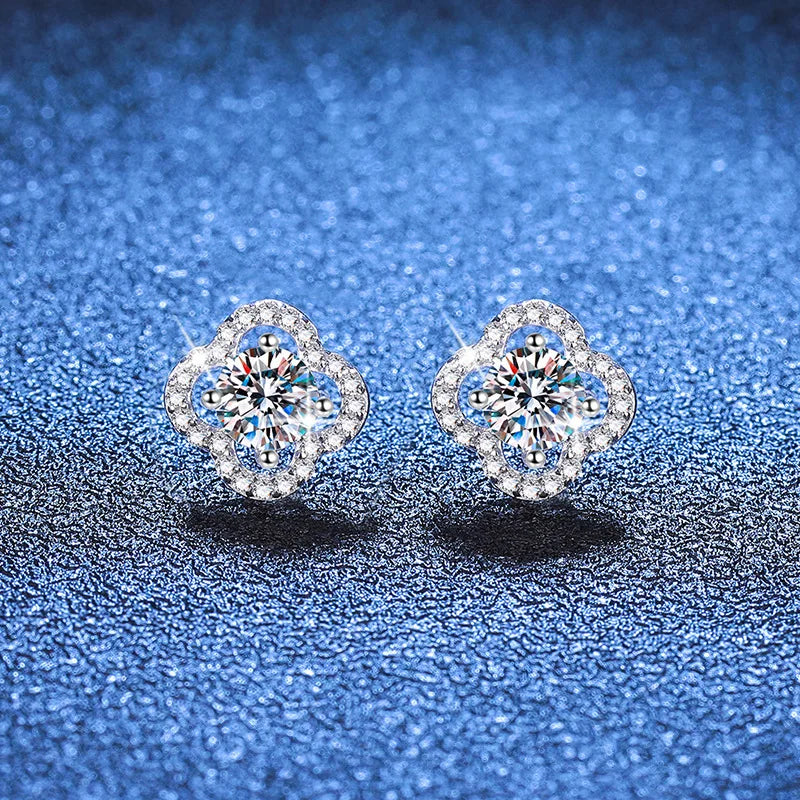 Colored Clover Halo Moissanite Stud Earrings in Sterling Silver