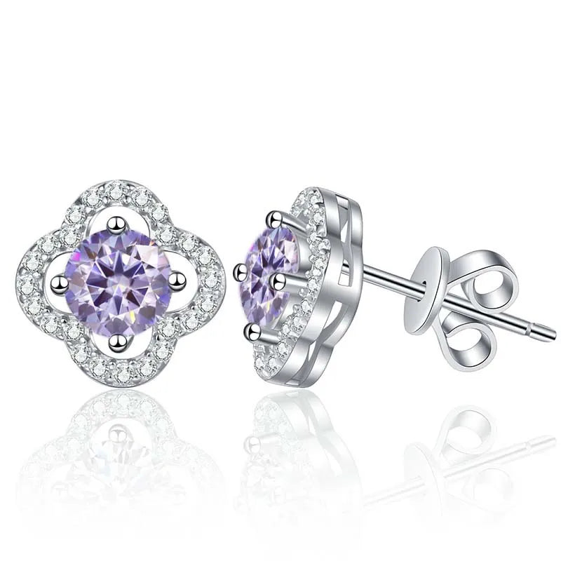 Colored Clover Halo Moissanite Stud Earrings in Sterling Silver