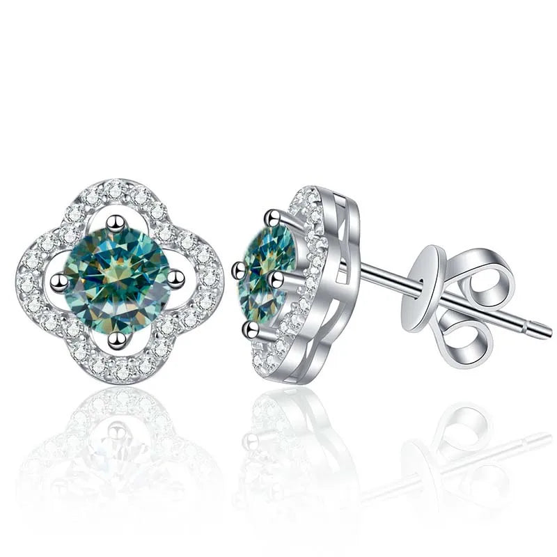 Colored Clover Halo Moissanite Stud Earrings in Sterling Silver