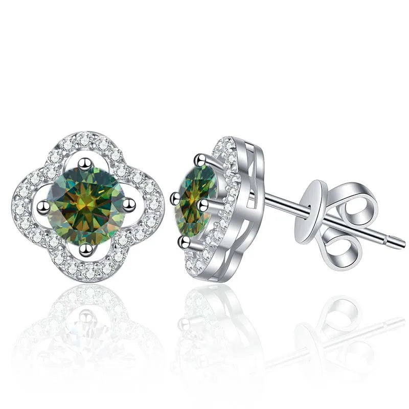 Colored Clover Halo Moissanite Stud Earrings in Sterling Silver