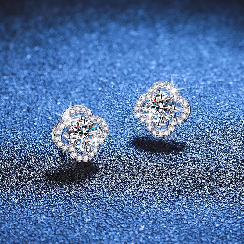 Colored Clover Halo Moissanite Stud Earrings in Sterling Silver